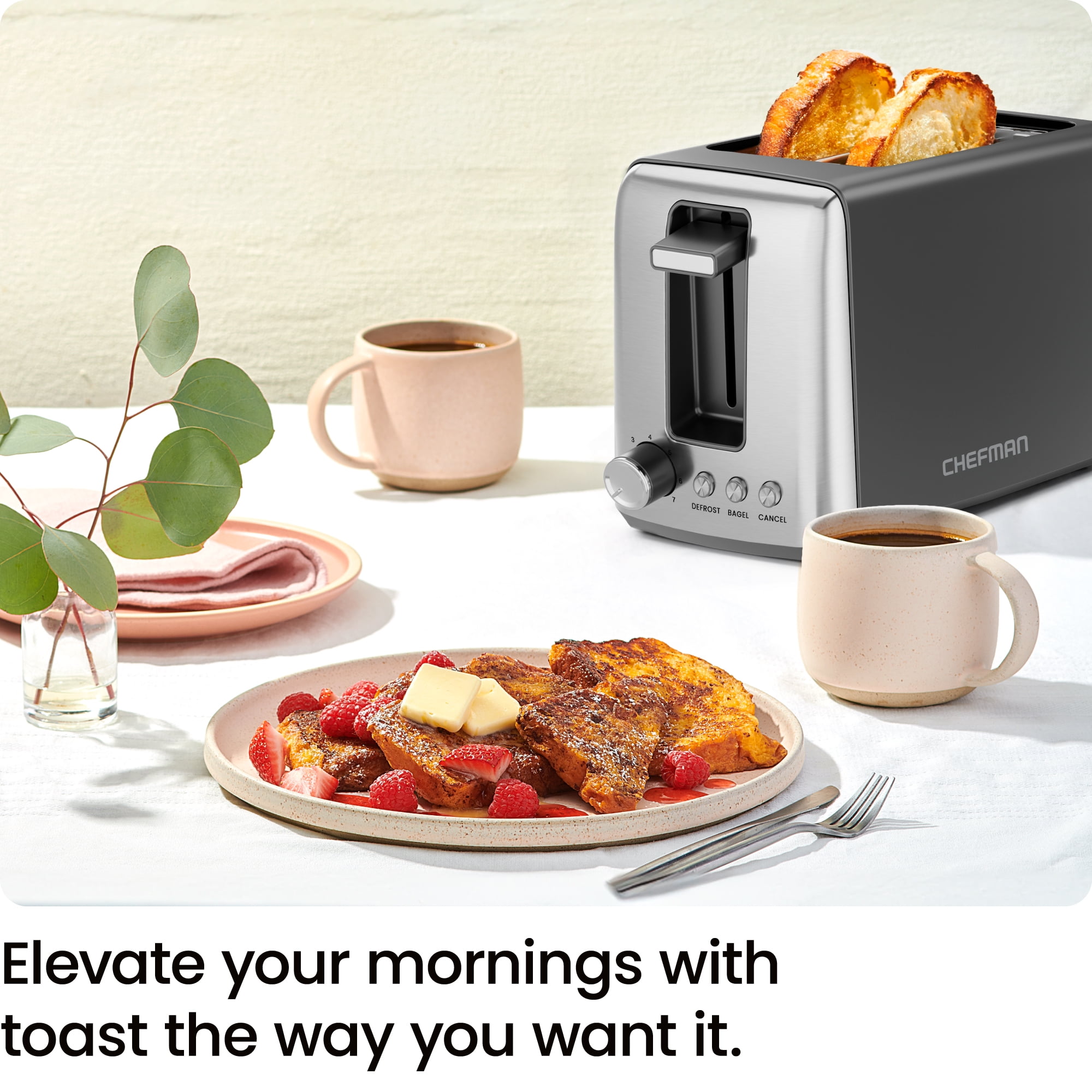 Chefman 2 Slice Toaster with 7 Shade Settings, Removable Crumb Tray, Bagel & Defrost Modes — Black