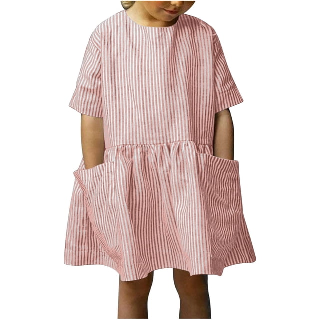 Tranfacy Robe d'Été pour Filles, Robe à Manches Courtes pour Filles, Robe Décontractée à Rayures en Lin à Col Rond à Manches Courtes avec Poches pour Enfants d'Âge Moyen