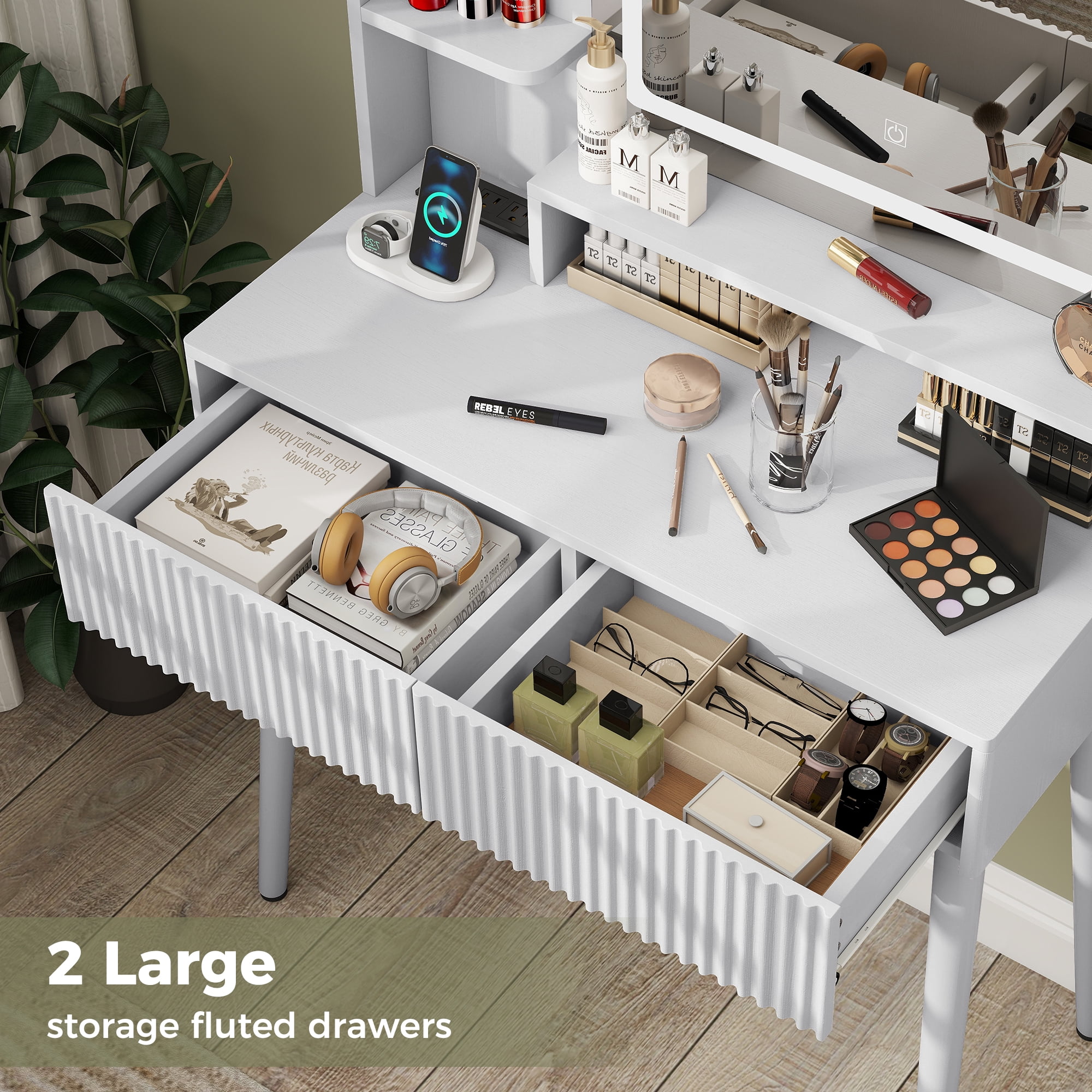 MOONMISS Vanity Desk with LED Lighted Mirror,3 Color Dimmable Makeup Vanity with Charging Station,2 Drawers & Open Shelves,Vanity Table for Bedroom