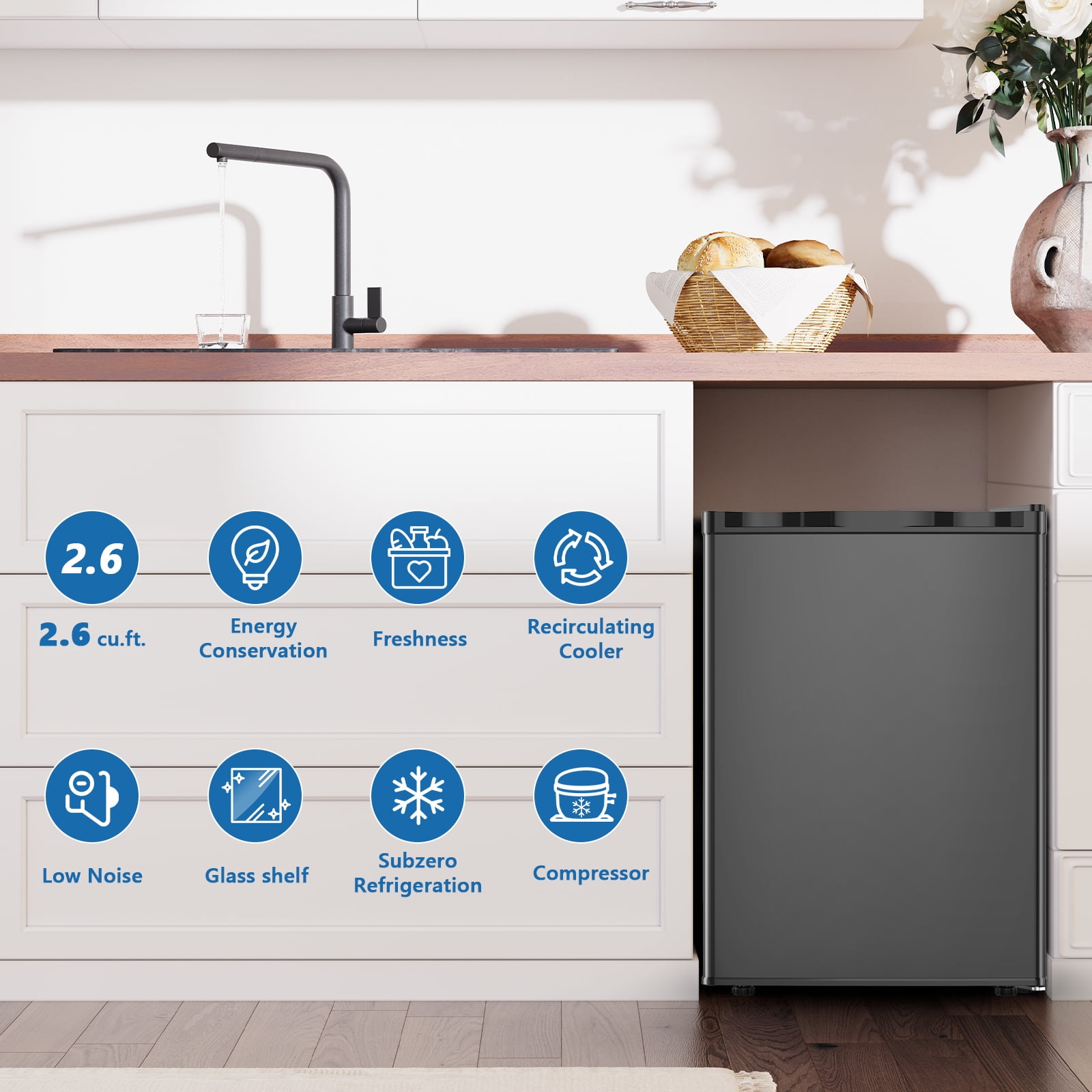KNDKO 2.6 Cu.ft Mini Fridge with Freezer, Energy Efficient Compact Refrigerator with Reversible Single Door, Removable Glass Shelves for Office, Dorm, Bedroom, Apartment, Black