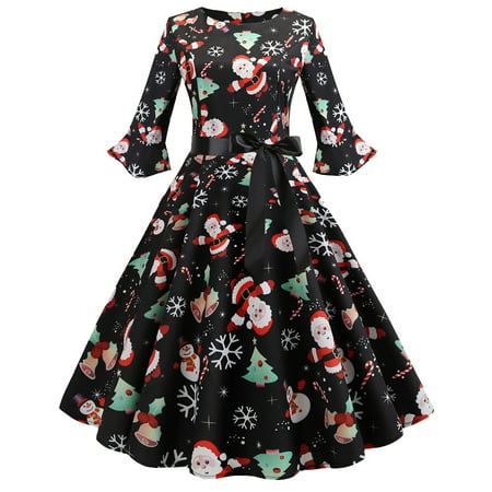 

Women Vintage Christmas Party Dress 1950s Retro Cocktail Swing Dresses Slim Fit Tea Dress Sexy High Waist A-Line Dress