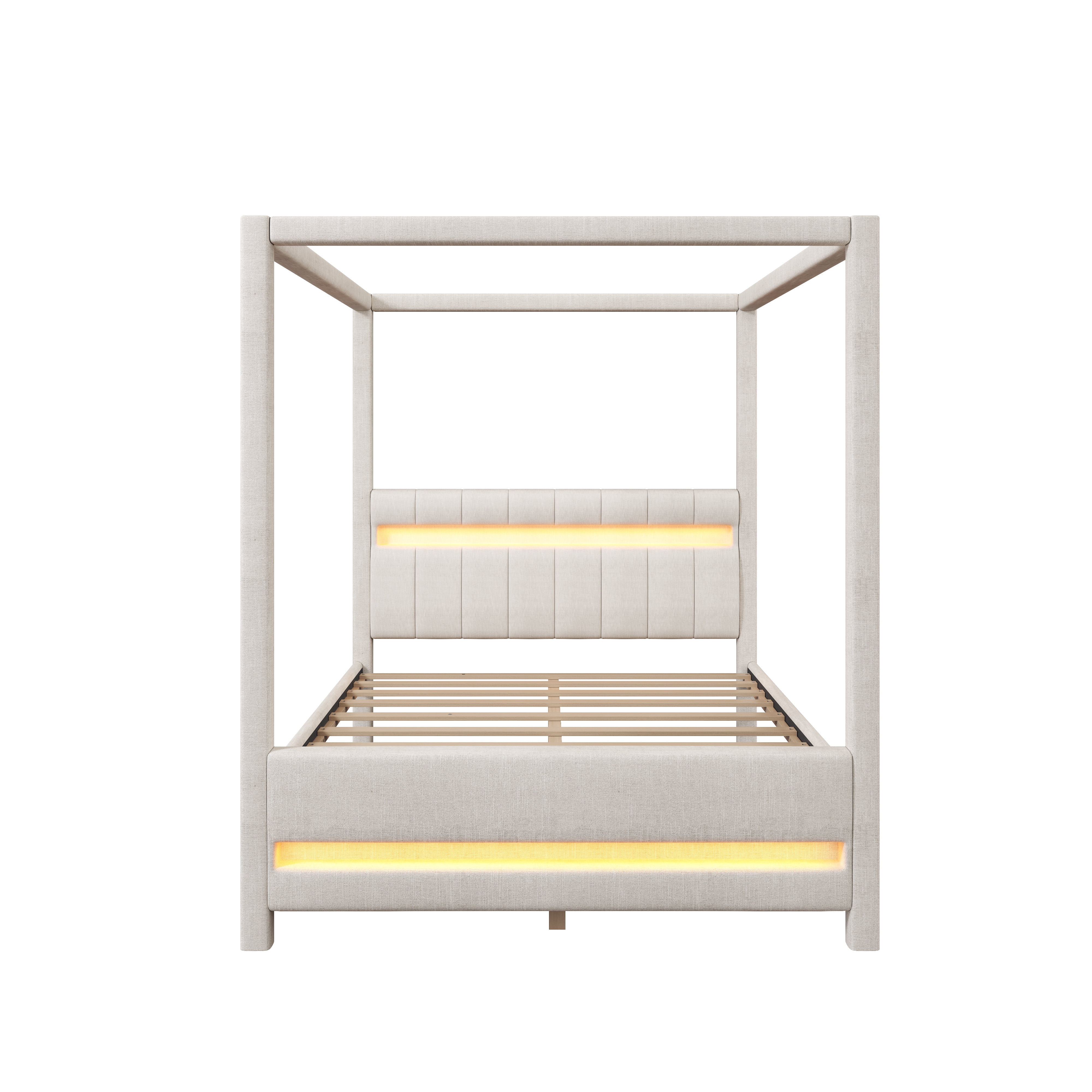 Euroco Upholstery Queen Size Canopy Bed with LED Light, No Box Spring Needed Platform Bed, Beige
