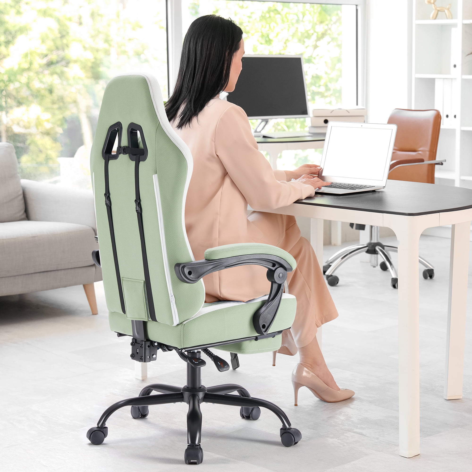 MCQ Computer Gaming Task Chair, High Back Ergonomic with Linkage Armrests, Footrest and Lumbar Support, 360° Swivel Wheels, Green