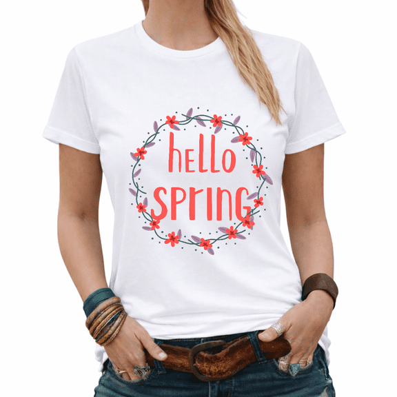 Easter Gift Hello Spring Floral Wreath Graphic Tees Womans Tshirt Black/White S-5XL Tops