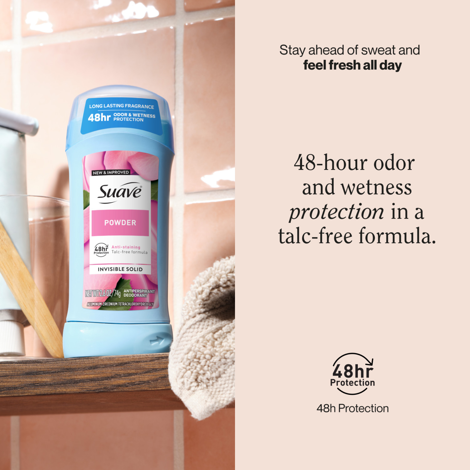 Suave Antitranspirante y Desodorante para Mujer, Protección de 48 Horas, Powder, 2.6 oz, Paquete Doble 2