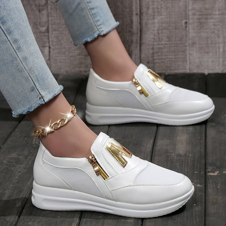XIAQUJ Ladies Fashion Solid Color Mesh Leather Panel Side Zipper Thick Sole Casual Sports Shoes Women s Fashion Sneakers White 8.5(41)