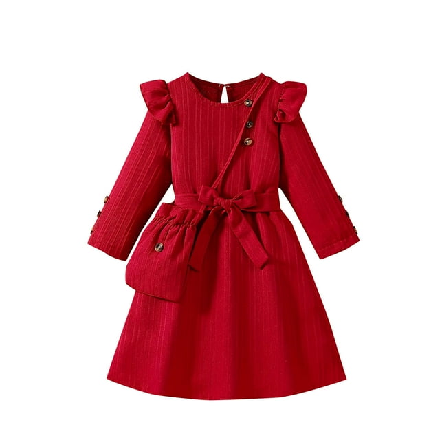 Fashion Solid Color Square Collar Long Sleeve Ruffled Edge Dress Princess Skirt Ropa para niños