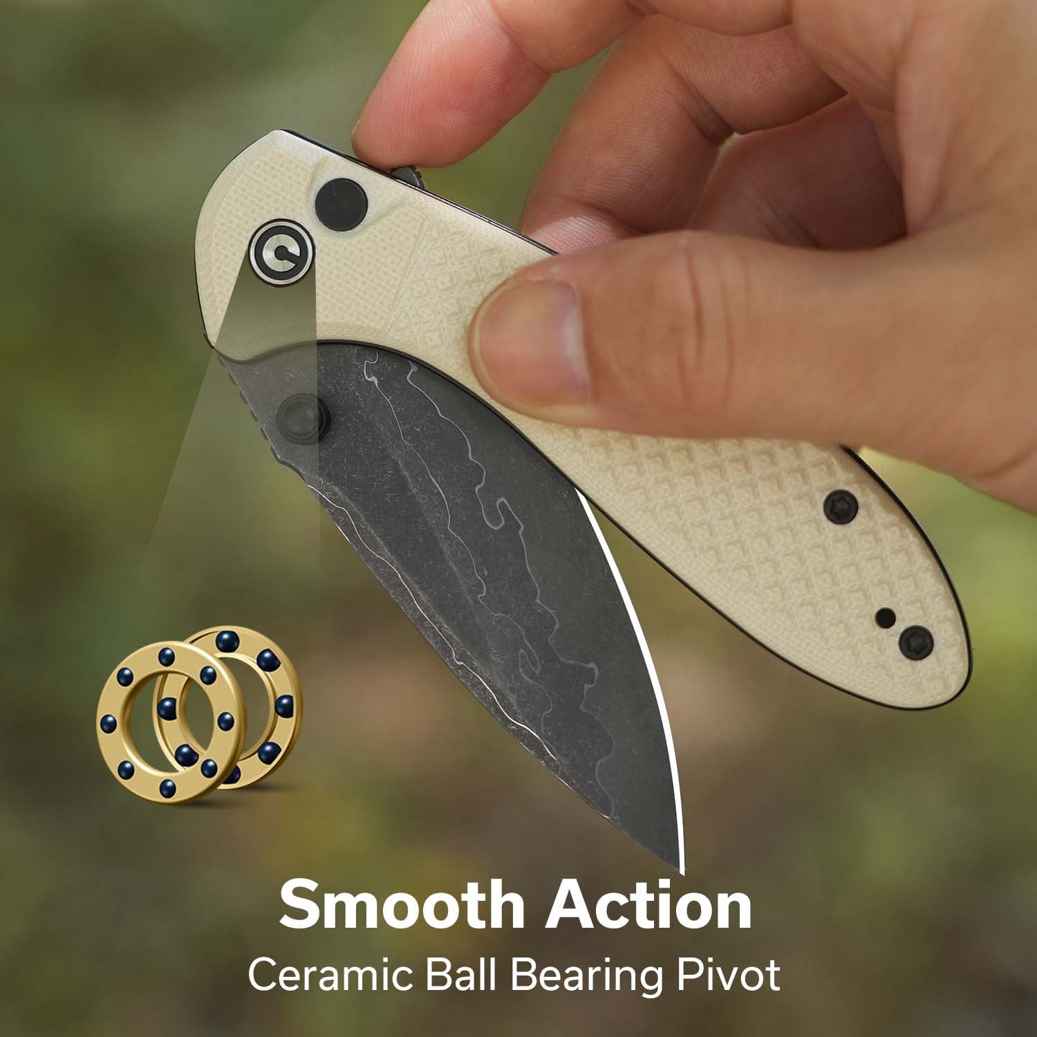 CIVIVI Faeger Button Lock Pocket Folding Knife with 2.98" Damascus Blade , Black Aluminum Handle C24031-DS1