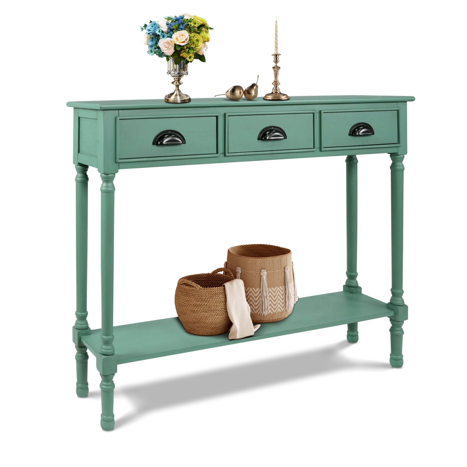 Urbanest Burlington Solid Wood Console Table with 3 Drawers Lower Shelf – Entryway Table, Hallway Sofa Table, Narrow Accent Table for Living Room – 39.5″ × 9.5″ × 32″ – Peacock Green Farmhouse Decor