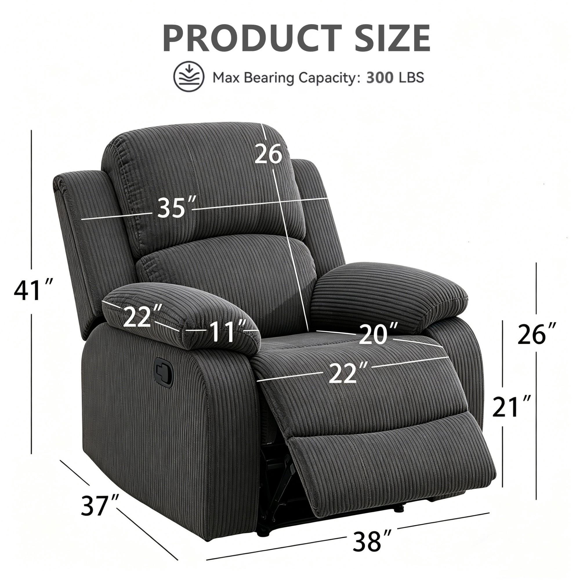 Aukfa Manual Recliner Chair Single Sofa Armchair for Living Room, Bedroom, Corduroy, Dark Gray