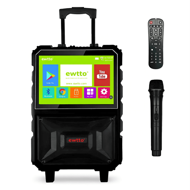 EWTTO ET-P5785MBC Karaoke Portátil con Pantalla Táctil 14.1", Micrófono Inalámbrico, Bluetooth 5.0, HDMI, USB, TF, Batería Recargable, Carrito
