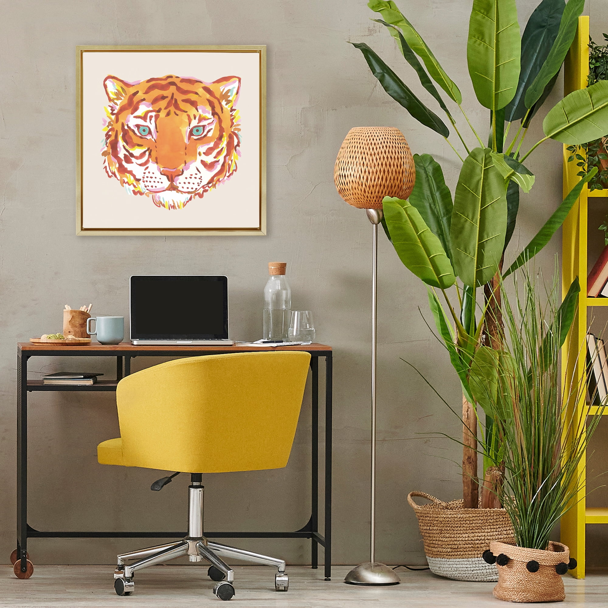 Stupell Industries Orange Boho Tiger Face Gold Framed Floater Canvas Wall Art, design by Karolina Sato