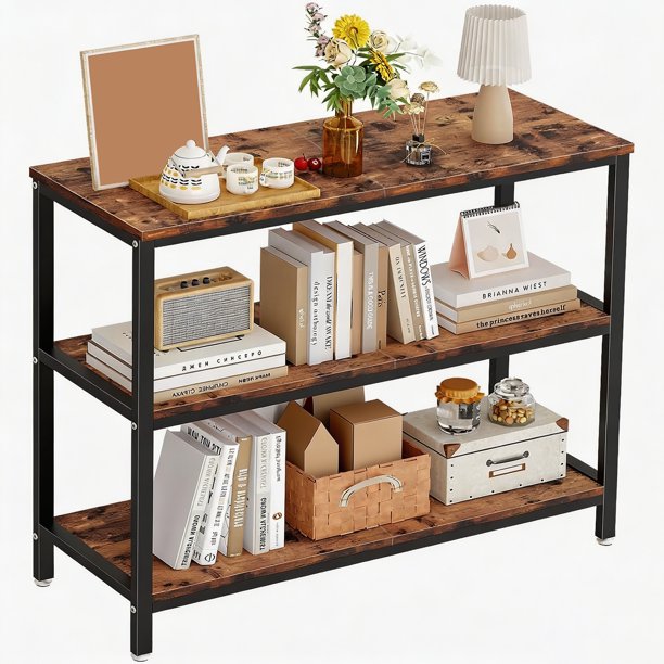 Mesa Lateral estantería Industrial de 3 Niveles, combinación de Madera y Metal, Mesa de Entrada Ideal para Sala, Dormitorio y Pasillo.