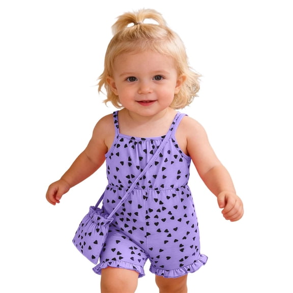 CUZIBR Girls Baby Summer Romper Outfits Spaghetti Strap Square Collar Heart Print Sleeveless Onesie Jumpsuit Overall With Cute Bag Holiday Clothes Sets Breathable Cozy Daily Wear,Purple,18-24 Months