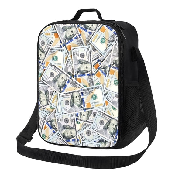 Money Bills Lunch Bag Insulated Thermal Box with Shoulder Strap & Handle for Work and Picnic