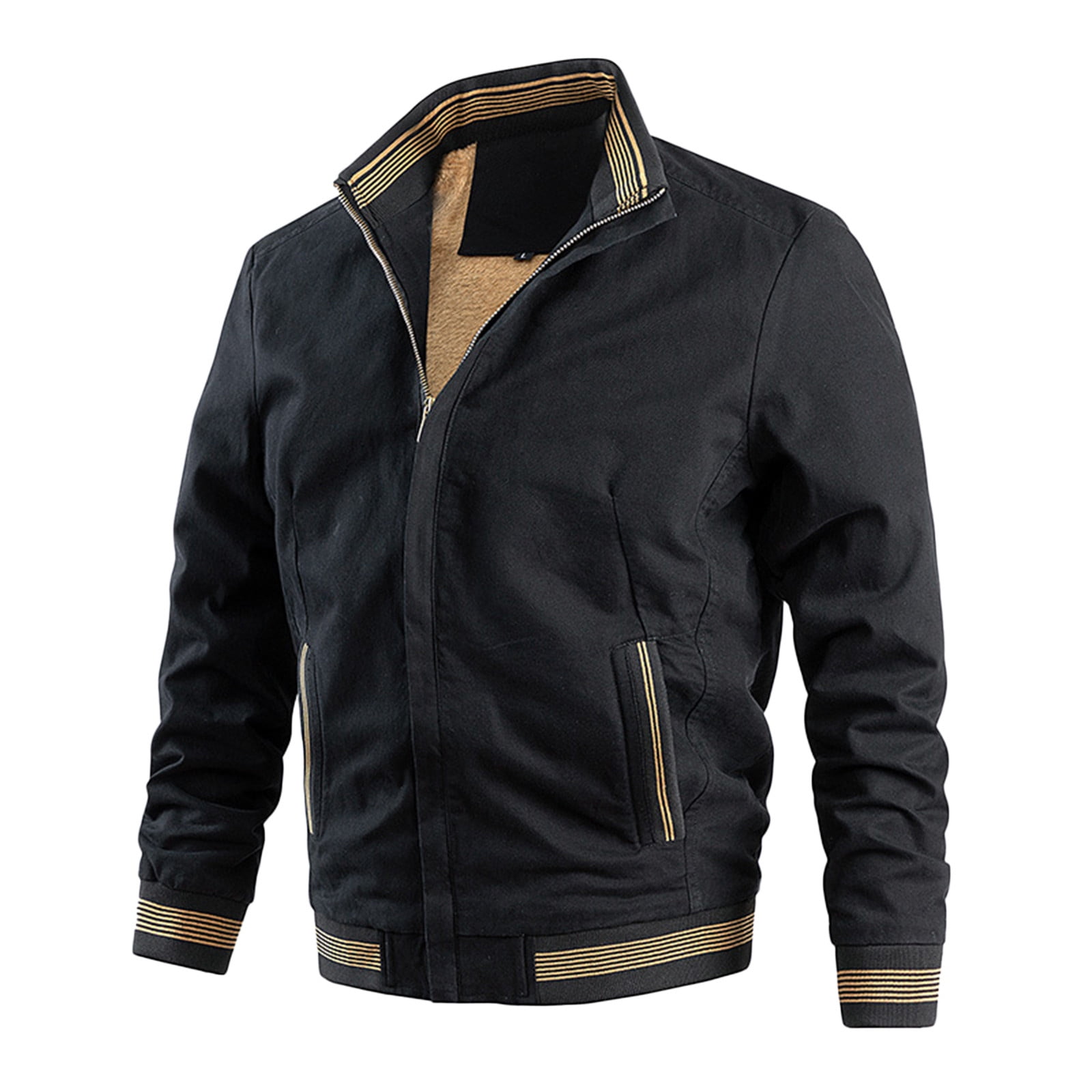 GWAABD Business Casual Jacket Men's Sports Leisure Top Plus Velvet Zip  Pocket Stand-Up Collar Jacket Blouse 