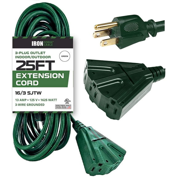 IRON FORGE CABLE 25 Foot Outdoor Extension Cord with 3 Electrical Power Outlets - 16/3 SJTW Durable Green Extension Cable with 3 Prong Grounded Plug for Safety