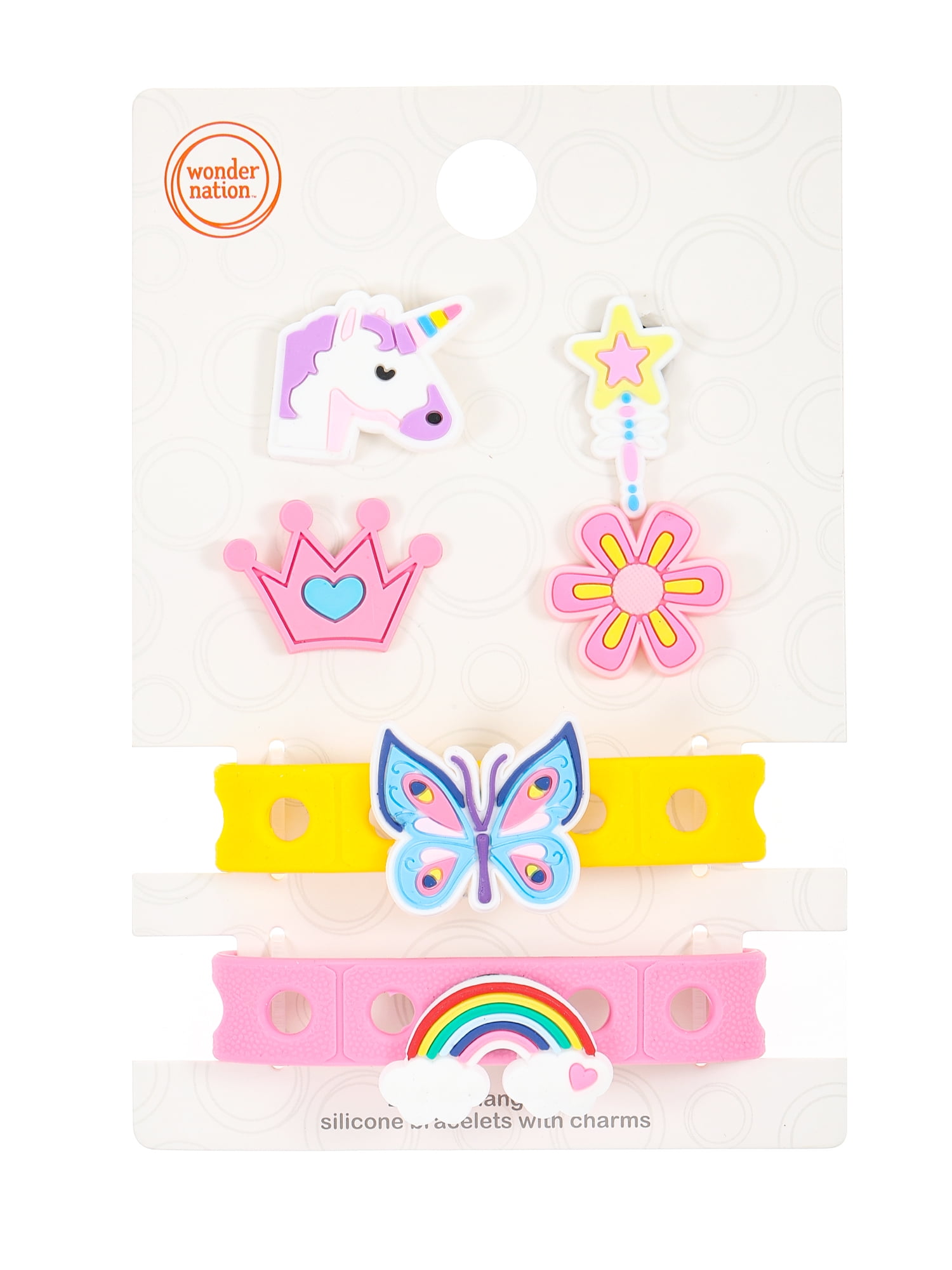 Wonder Nation Silicone Charm Bracelet Set for Kids with Interchangeable Bracelets and Charms, Pink and Yellow, 8 Pieces