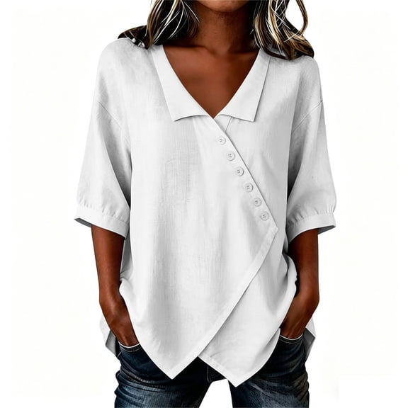 Cilsoka Cotton Linen Short Sleeve Button Down Blouses for Women Wrap V Neck Summer Tops 2026 Dressy Casual Trendy Shirts