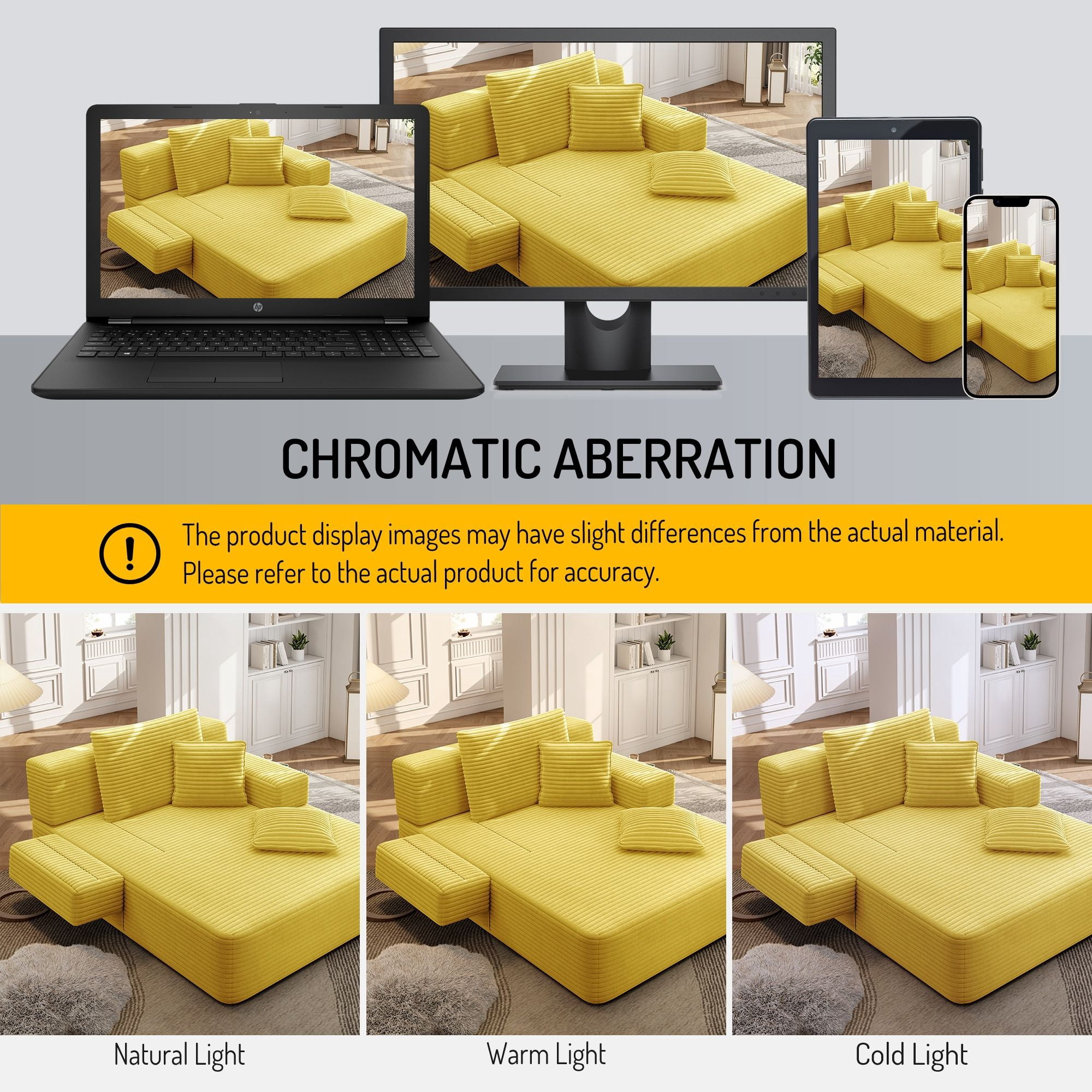 Alvantor Oversized Corduroy Convertible Chaise Lounge Sofa Bed, Yellow