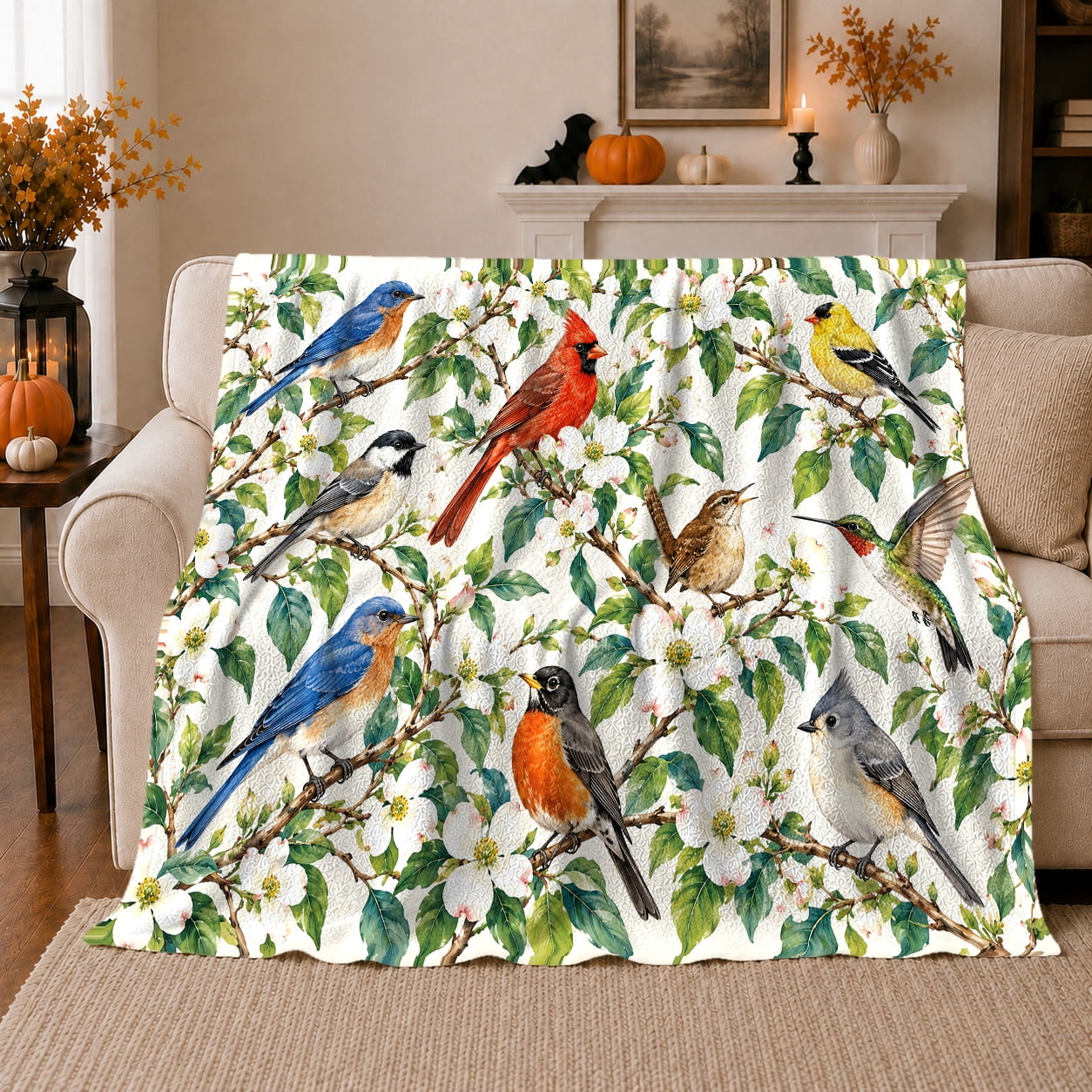 Spring Songbirds Blooming Branches Nature Scene Art Cozy Bird Art Scene Warm Flannel Blanket for Living Room and Reading Nook Bird Lovers Friendship Gift Artistic Home Decor