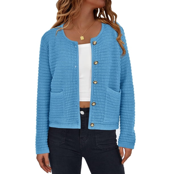 Suéter PRETTYGARDEN Azul Medio Cardigan de Manga Larga con Botones