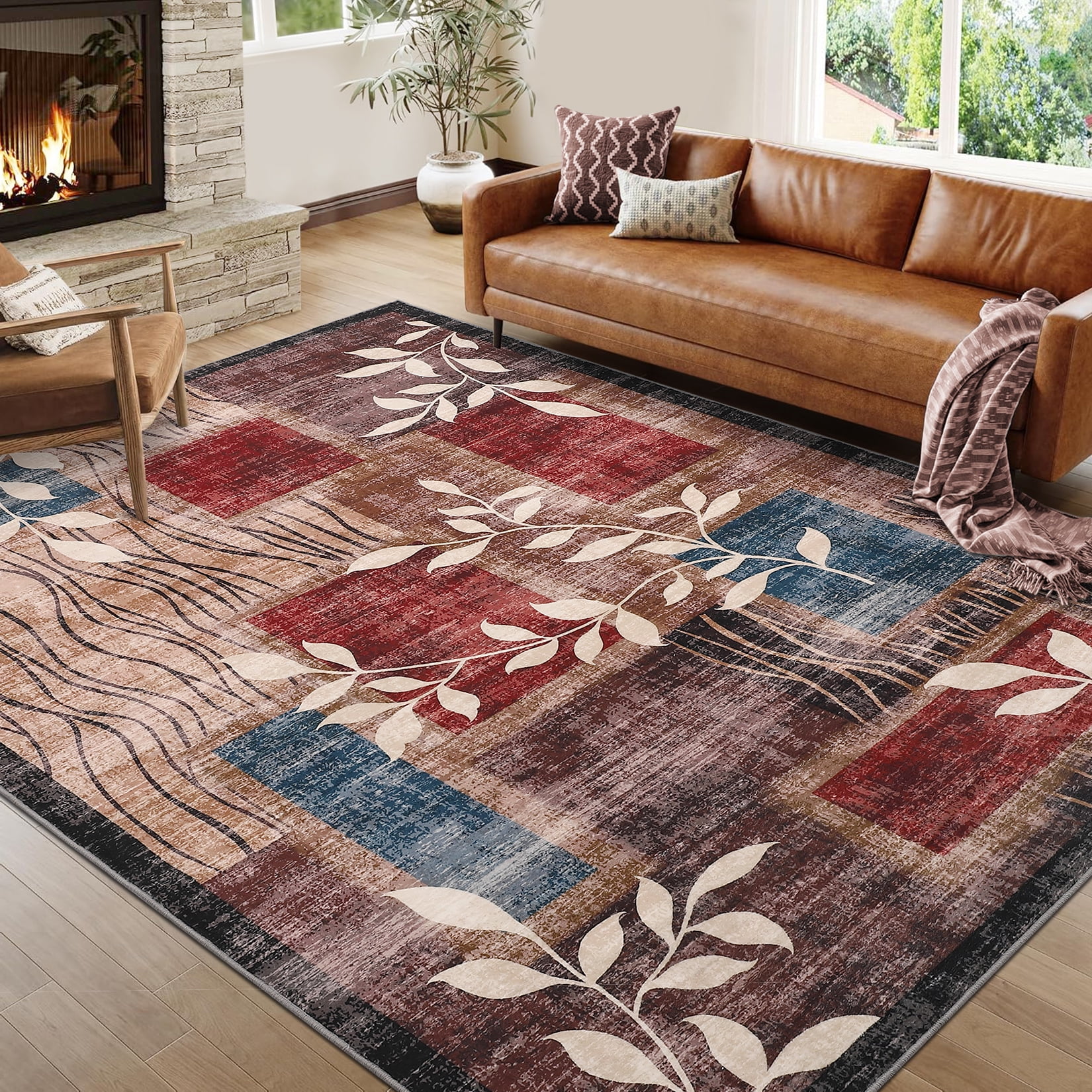 FairOnly 8'x10' Red Contemporary Washable Area Rugs for Living Room Abstract Leaf Low Pile Bathroom Rugs Soft Rugs Indoor Floor Carpet