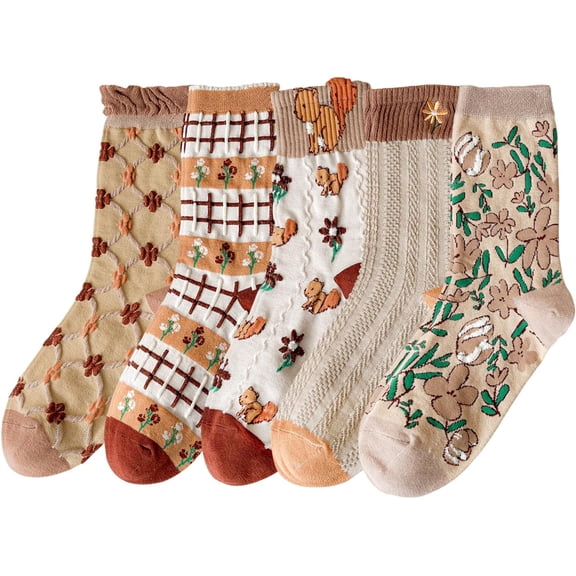 5 Pairs Vintage Floral Crew Socks for Women, Soft Cotton Embroidered, Cottagecore Ruffle Socks for Casual & Dress Wear