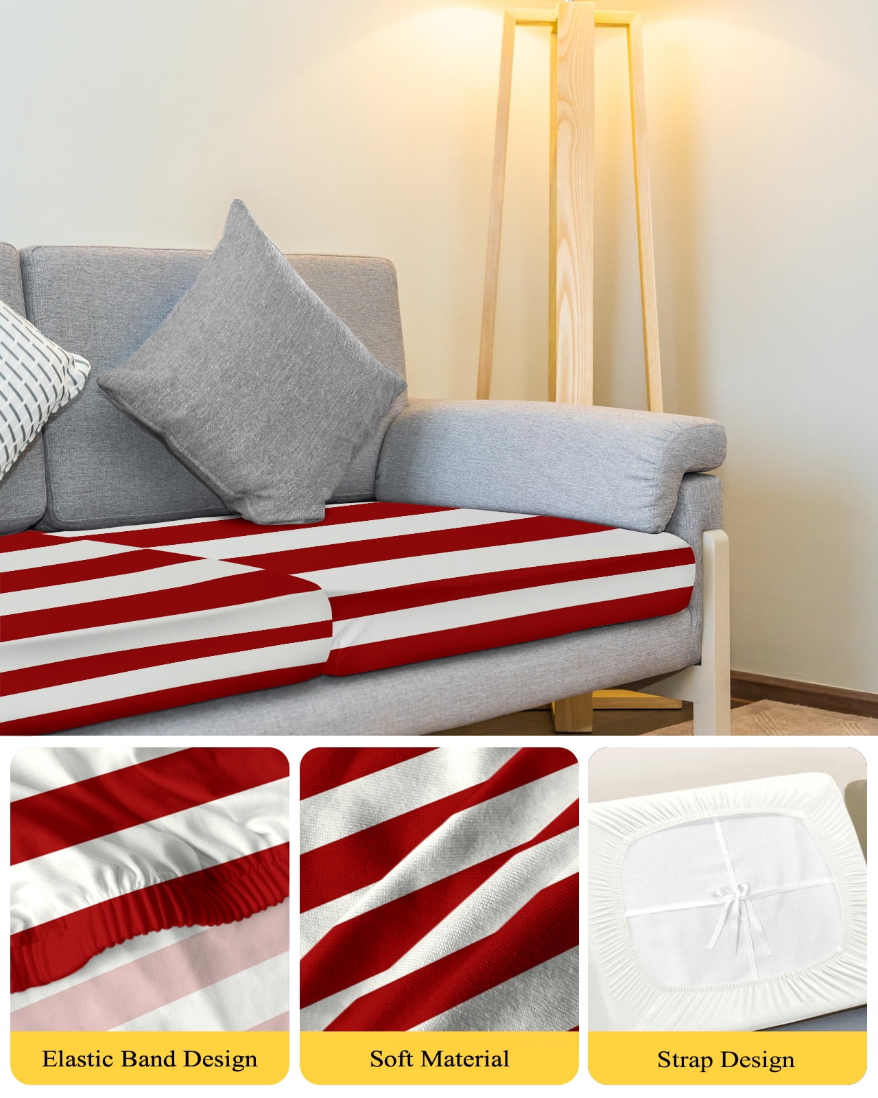 Red Stripes Couch Cushion Covers Stretch, Washable Sofa Seat Covers Individual Seat Cushion Sofa Slipcovers Simple Red White Texture Couch Cover Furniture Protector S-1PCS