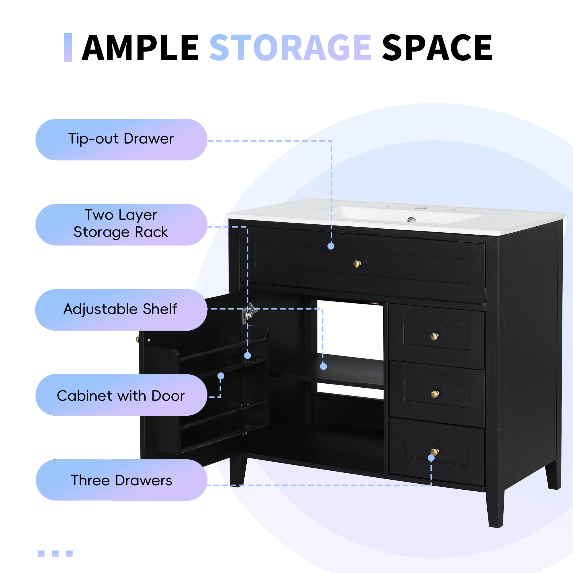 Anpport 36" Freestanding Bathroom Vanity with Sink, Modern MDF & Rubberwood Cabinet, 3 Drawers, Adjustable Shelf & Left‑Side Door, Black