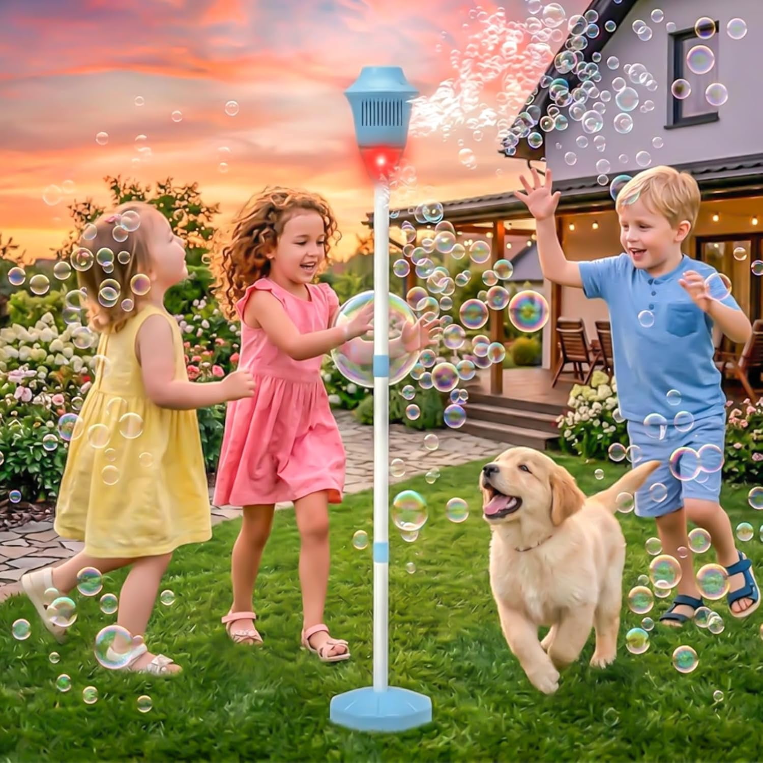 Guvpev 2026 Upgraded Automatic Standing Bubble Machine, 3-Level Height Adjustable Up to 45 Inches, Portable Bubble Maker with Lights & Music for Outdoor Party, Wedding, Summer, Unique Gifts