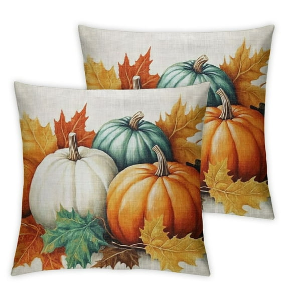 Fall Maple Leaves Pillow Covers Teal Orange White Green Pumpkins Decorative Couch Pillow Cases of 2 Autumn Thanksgiving Throw Pillows Farm Decor For Room Porch Patio Couch Outdoor