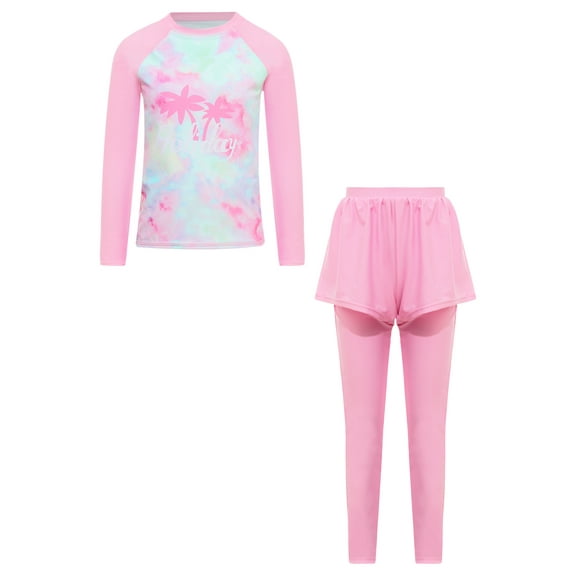 CHICTRY Big Girls UPF 50 Swimsuit Tie-dye Padded Swim Top with Skirt Hem Pants Bathing Suit Beachwear Pink 13-14