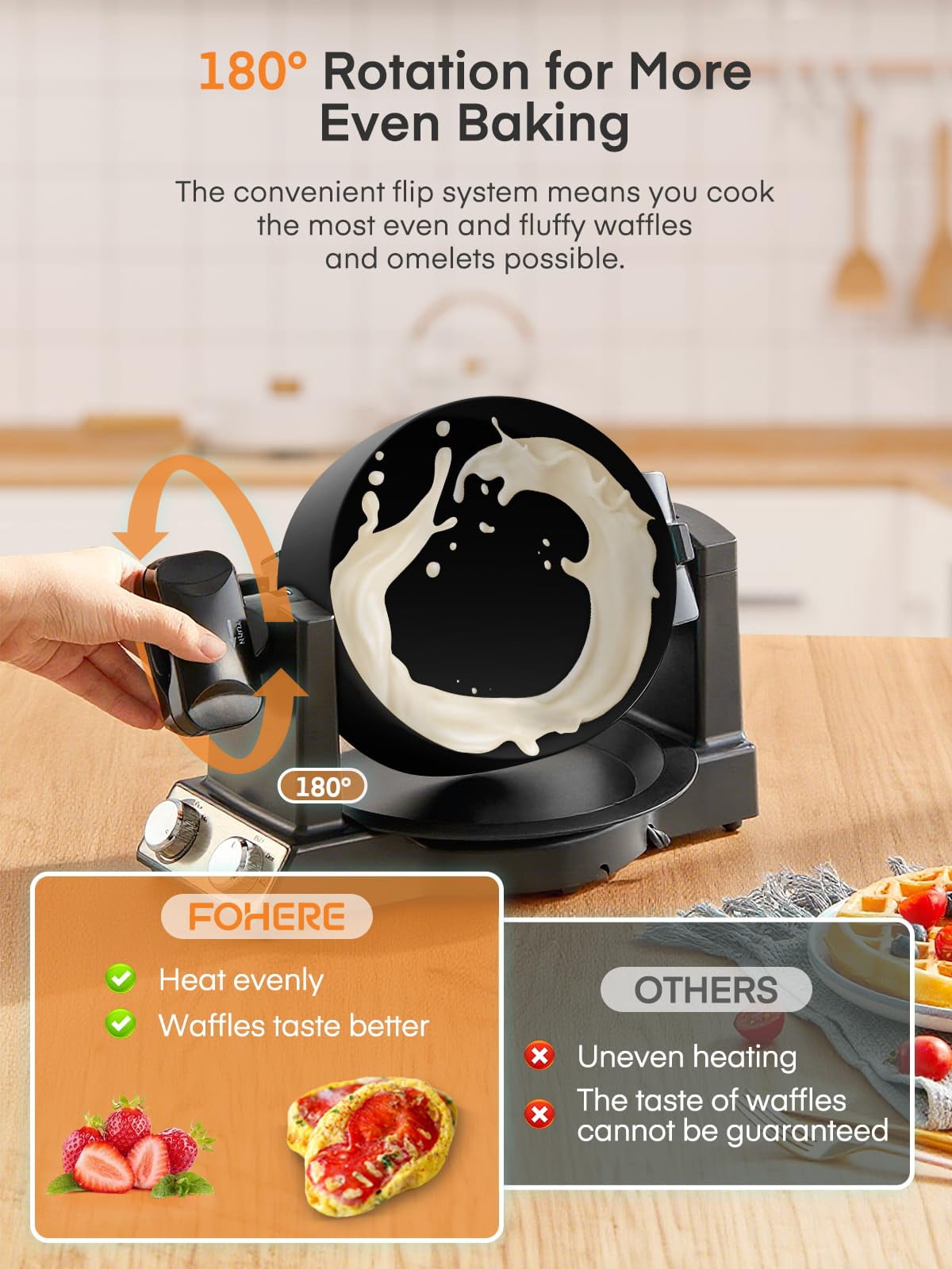 FOHERE 2-in-1 Waffle Maker & Omelette Maker, 1400W 180° Flip Rotating & Nonstick Pans, Black, New
