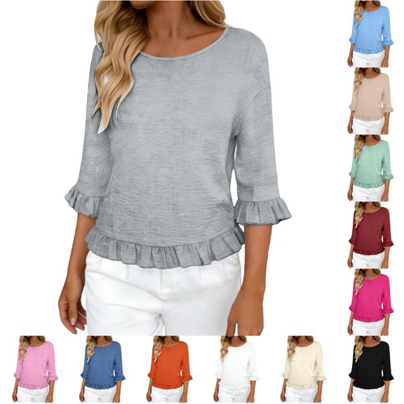 CAIVO Women Blouses Dressy Casual Linen Round Neck Ruffle Sleeve Loose 3/4 Sleeve O-Neck Solid Color Comfort Tops