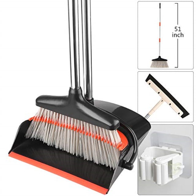 outkitkit broom and dustpan set, 3pcs upright broom dustpan combo with
