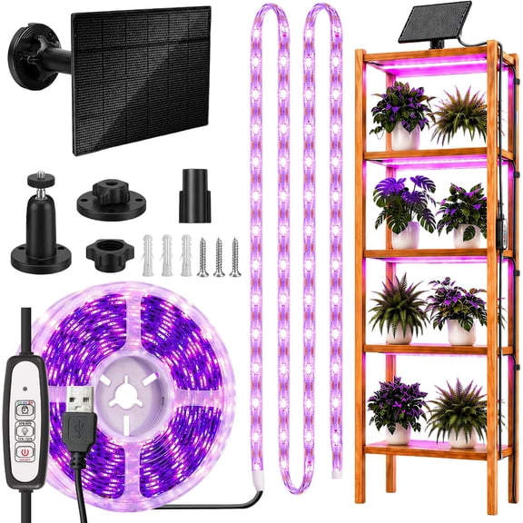 Solar Plant Grow Lights Indoor, 16.4FT Full Spectrum Light Strip Support Timer , IP65 Waterproof. for Indoor, Balconies, Plant Racks, Greenhouses