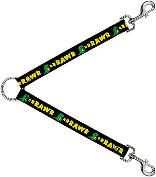 Buckle-Down Dog Leash Splitter Rrrawr Dinosaur Black Green Yellow 1 Foot Long 1 Inch Wide
