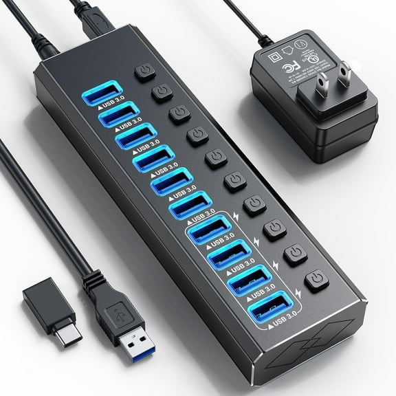 Powered USB Hub 3.0, 10-Port USB 3.0 Hub [Durable Aluminum] 10 Data Transfer Ports  4 Smart Charging Ports with Individual On/Off Switches, USB Hub 3.0 Powered with Power Adapter for Laptop PC
