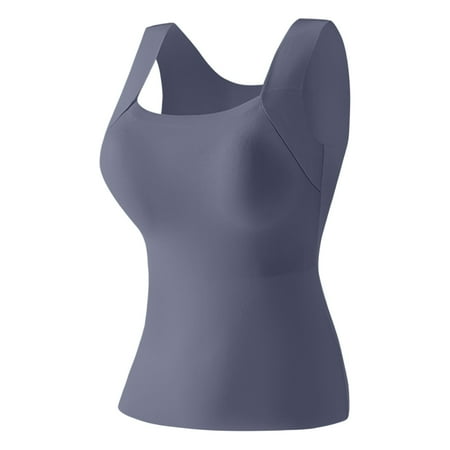 Women s Thermal Tank Tops with Built-In Bra Scoop Neck Seamless Breathable Stretchy Fabric Plus Size Camisole Babydoll Sports Camisole Ribbed Slimming Body Shaper Gray S