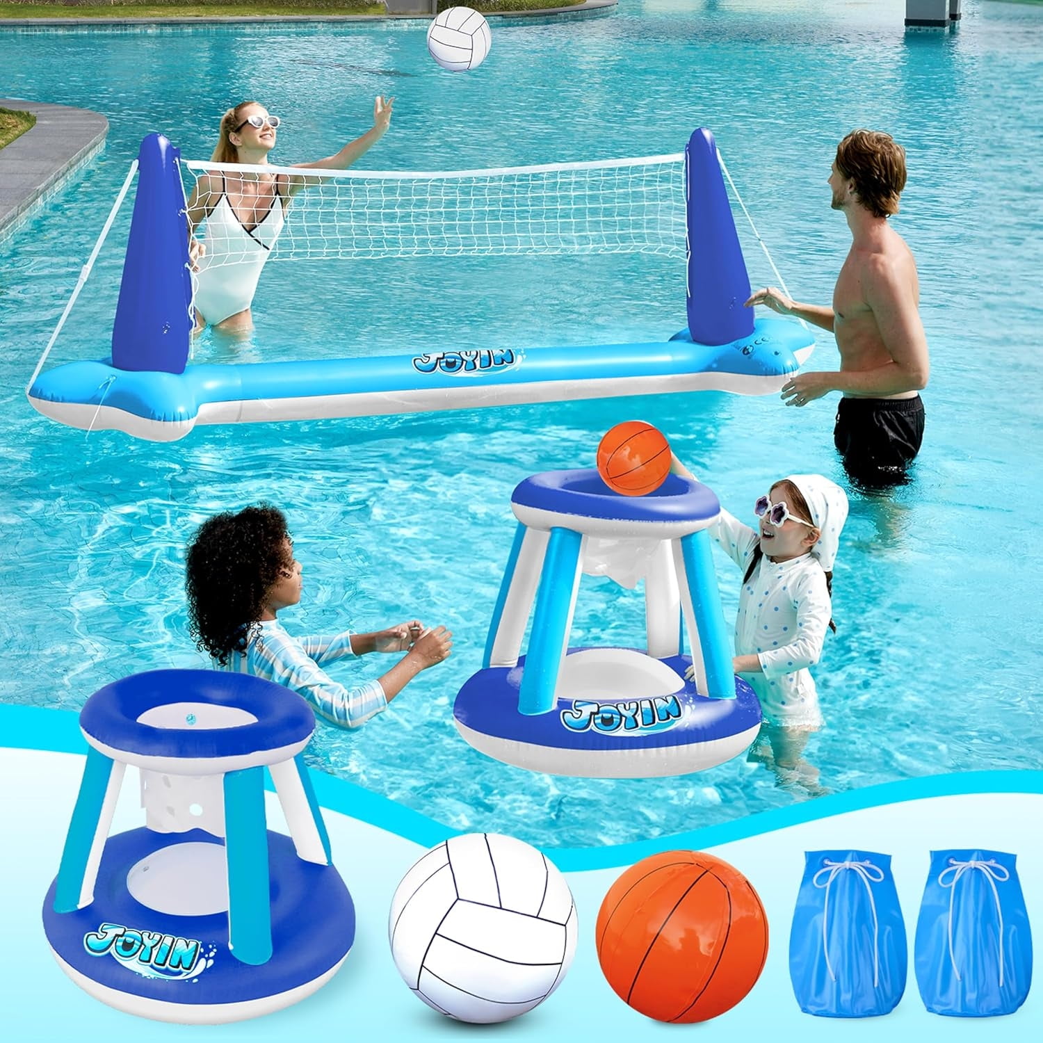 Joyfy Pool Games Set with Pool Volleyball Net & Pool Basketball Hoops, Summer Pool Float for Adults - Dark Blue