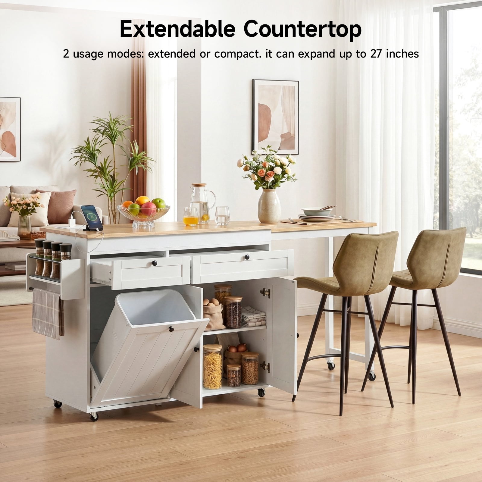 ROGALIS Rolling Kitchen Cart w/Extendable Dining Table, 81.7" Mobile Kitchen Storage Islands w/Trash Cabinet, Power Outlet, Spice Rack & Towel Rack, White