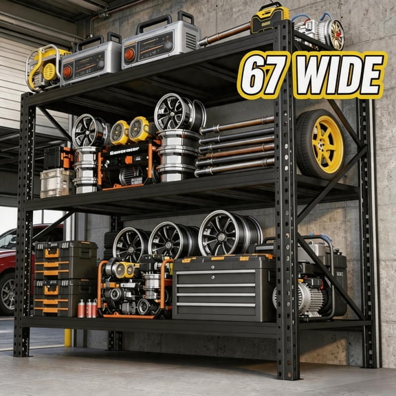 3 Tier Garage Shelving, All-Metal Heavy Duty Storage Shelf, 4500 lbs Robust Industrial Organizer for Warehouse Inventory Arrangement, Black, 67"W x 20"D x 63"H