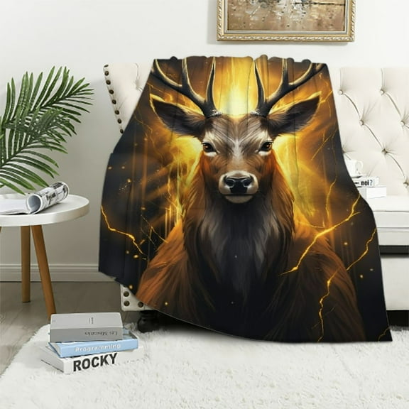 JRXY  Deer Gifts Blanket, Cool Black Gold Fire Lightning Deer Blankets, Deer Gifts for Men Women Kids, Funny Deer Hunting Gifts, Gifts for Hunters, Deer Lover Gifts Deer, Hunter, White