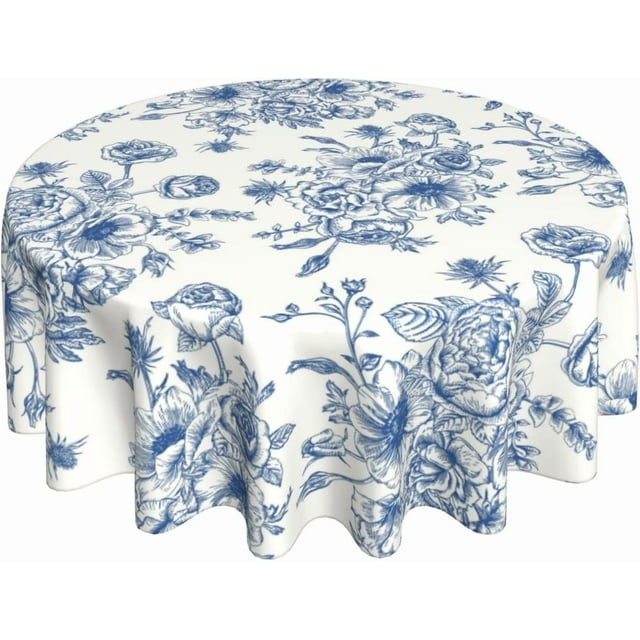 Blue Floral Tablecloth Round 70 x 70 Inch Chinoiserie Flowers Table Cloth Polyester Fabric Vintage Spring Summer Farmhouse Table Cover for Kitchen Party Dining Picnic Outdoor Decor