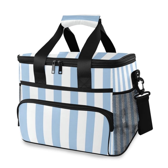 Light Blue-white Stripes Portable Cooler Lunch Box Reusable Insulated Lunch Bag Leakproof 15L