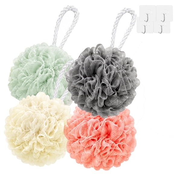 Meoqiu Loofah Bath Sponge Exfoliating Body Shower Puffs with 4 Hanging Hooks, Soft Mesh Pouf Set, Assorted Colors, 4 Pack