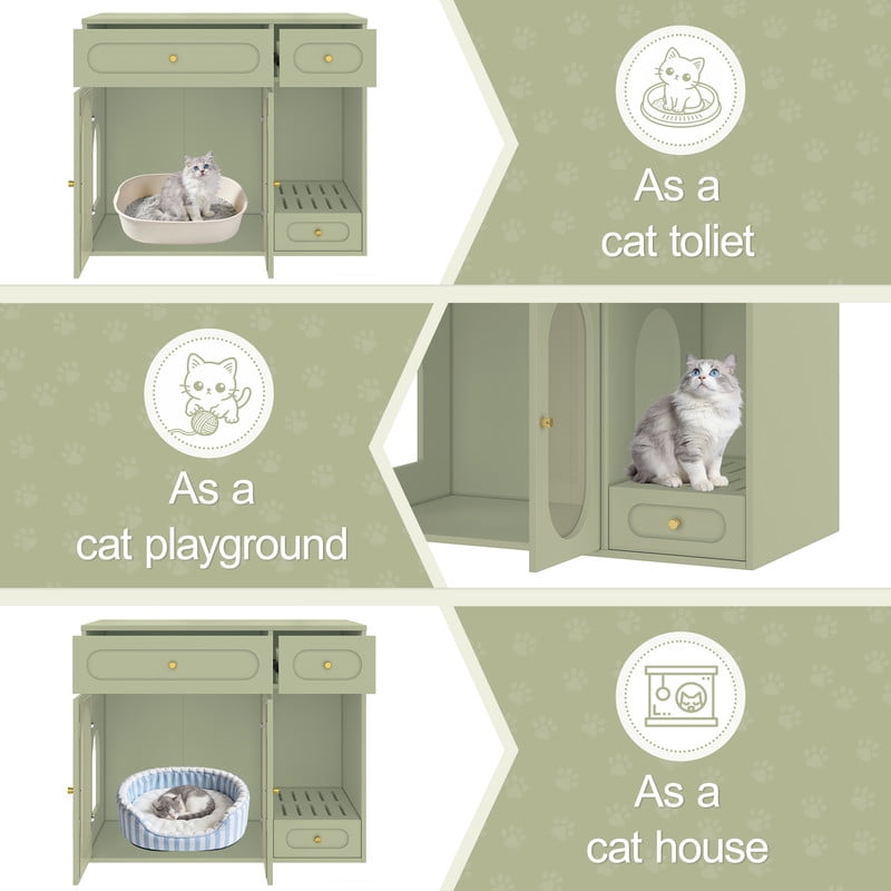 Mirightone Cat Litter Box Enclosure with LED Light and Acrylic Doors, Hidden Cat Litter Box Furniture with Storage Drawers, Indoor Litter Box Cabinet for Living Room & Entryway, Green