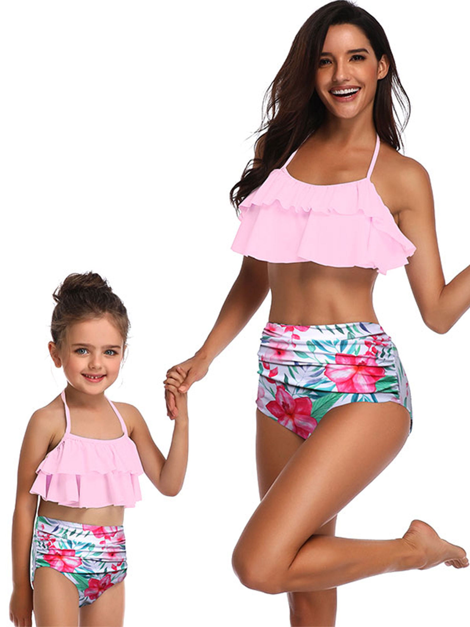 Mother Daughter Matching Swimsuit Floral Halter Lace Up Bathing Suit Beachwear 