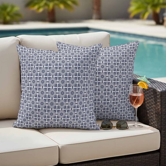 Navy Blue Boho Outdoor Pillow Covers 20x20 Inch Throw Pillow Covers Set of 2 Waterproof Decorative Pillow Cases Farmhouse Country Flowers Plaid Textured Cushion Covers for Patio Furniture Garden